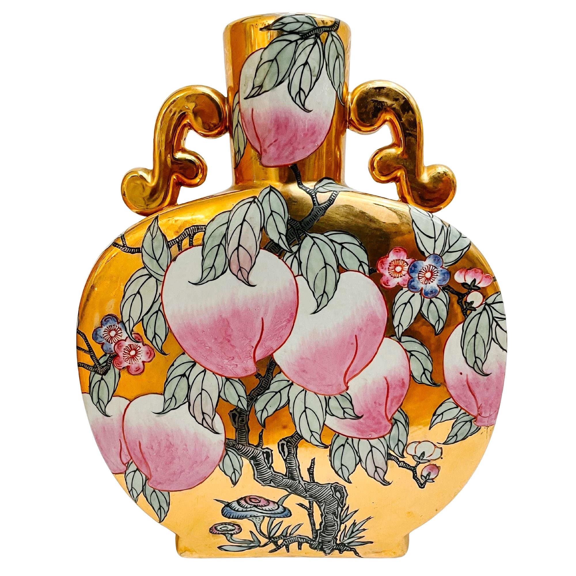 Vintage Chinese Gold Mirrored Moon Flask Vase With Pink Peaches