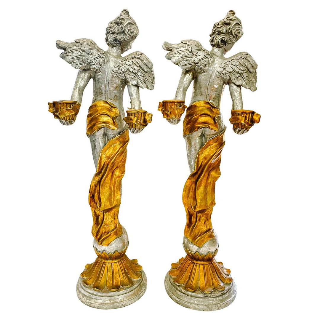 Vintage Baroque Silvered & Gilt Putti Candlestick Holders