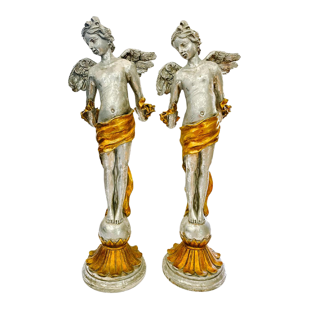 Vintage Baroque Silvered & Gilt Putti Candlestick Holders