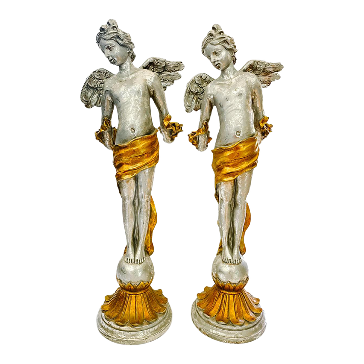 Vintage Baroque Silvered & Gilt Putti Candlestick Holders