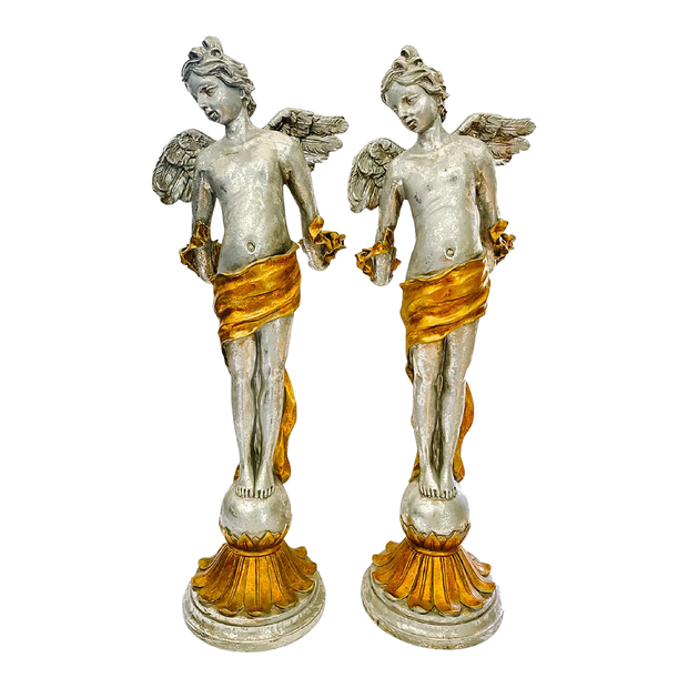 Vintage Baroque Silvered & Gilt Putti Candlestick Holders