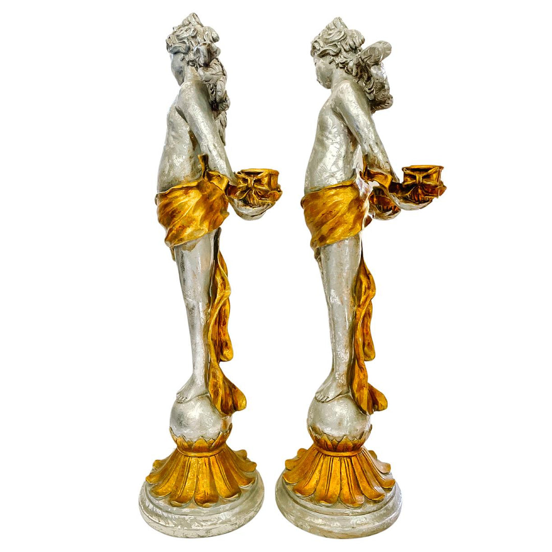 Vintage Baroque Silvered & Gilt Putti Candlestick Holders