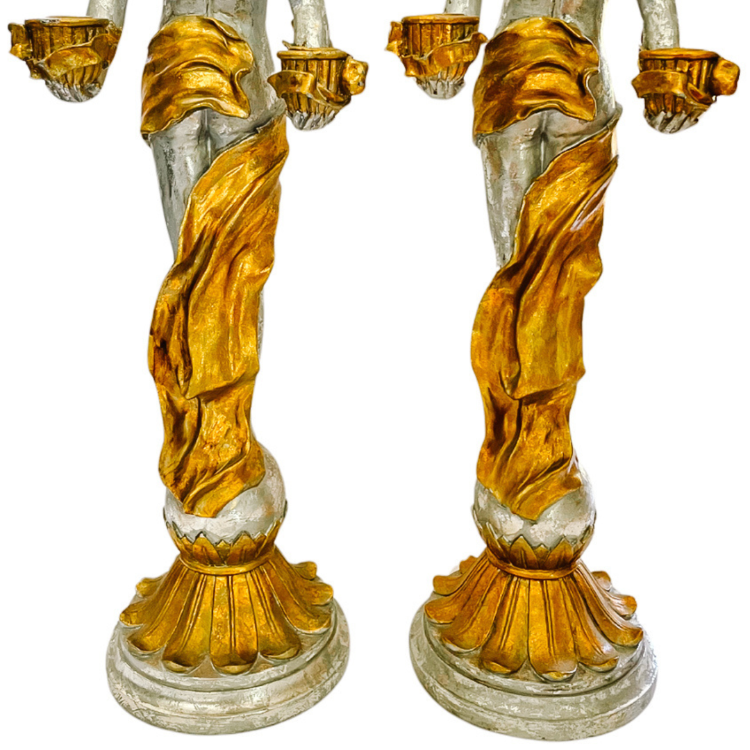 Vintage Baroque Silvered & Gilt Putti Candlestick Holders