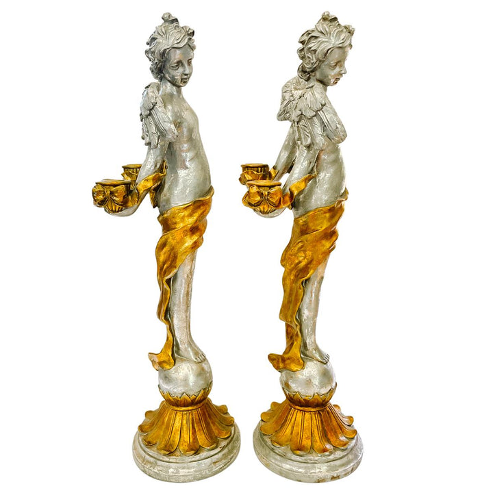 Vintage Baroque Silvered & Gilt Putti Candlestick Holders