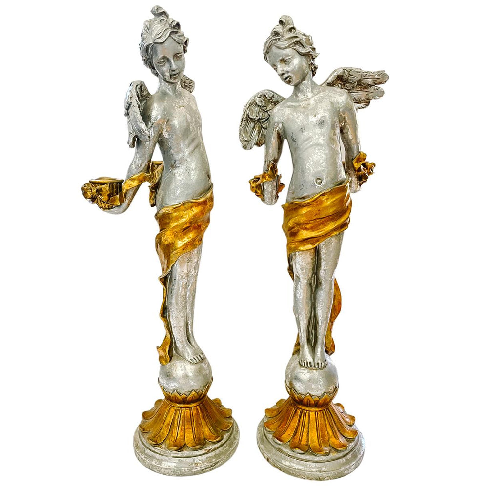 Vintage Baroque Silvered & Gilt Putti Candlestick Holders