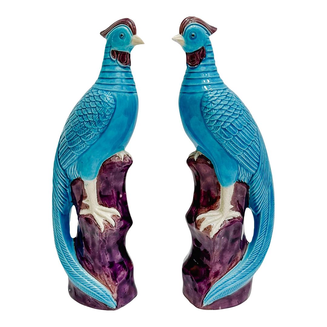 Pair Of Chinese Turquoise Porcelain Perched Phoenix Birds