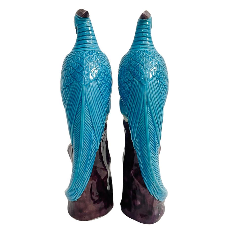 Pair Of Chinese Turquoise Porcelain Perched Phoenix Birds