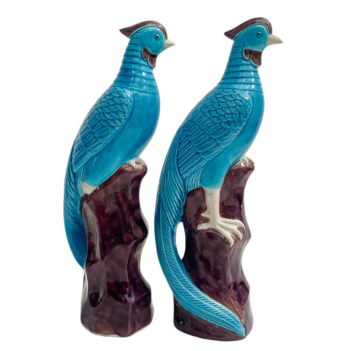 Pair Of Chinese Turquoise Porcelain Perched Phoenix Birds