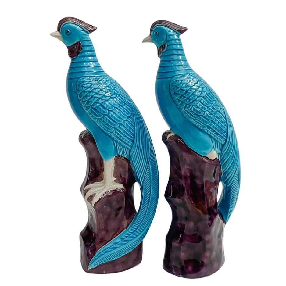 Pair Of Chinese Turquoise Porcelain Perched Phoenix Birds