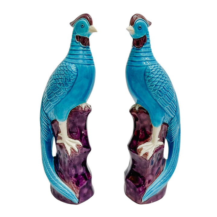 Pair Of Chinese Turquoise Porcelain Perched Phoenix Birds