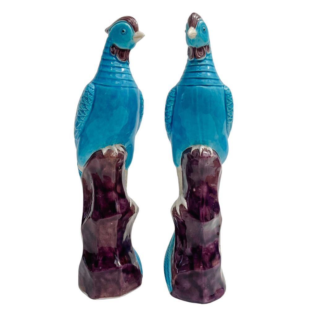 Pair Of Chinese Turquoise Porcelain Perched Phoenix Birds