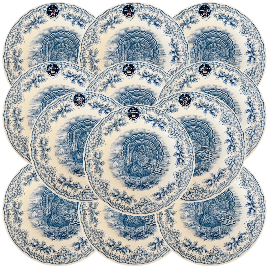 English Blue & White Transferware Turkey Thanksgiving Dinner Plates, Set of 12