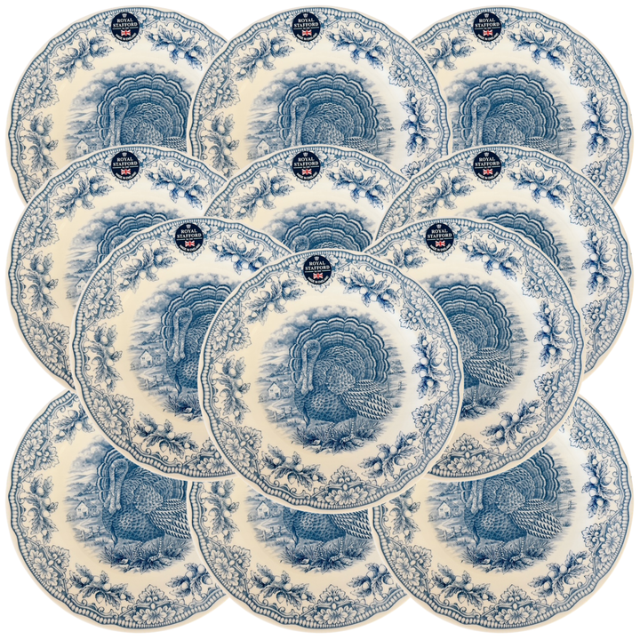 English Blue & White Transferware Turkey Thanksgiving Dinner Plates, Set of 12