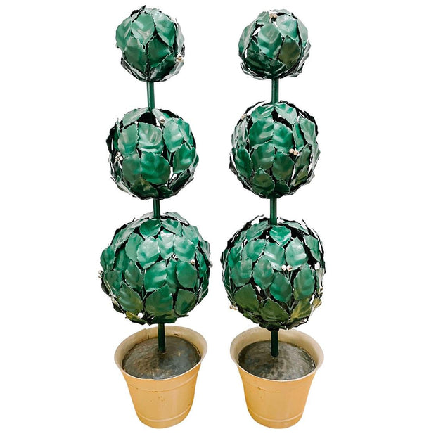 Mid-Century Italian Green Tole Three Ball Potted Topiaries, a Pair