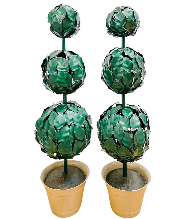 Mid-Century Italian Green Tole Three Ball Potted Topiaries, a Pair