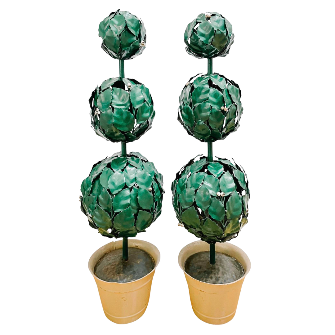 Mid-Century Italian Green Tole Three Ball Potted Topiaries, a Pair