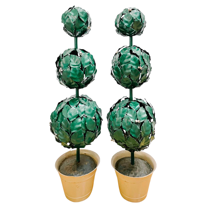 Mid-Century Italian Green Tole Three Ball Potted Topiaries, a Pair