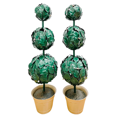 Mid-Century Italian Green Tole Three Ball Potted Topiaries, a Pair