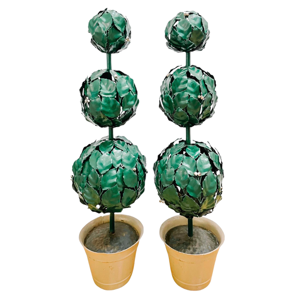 Mid-Century Italian Green Tole Three Ball Potted Topiaries, a Pair