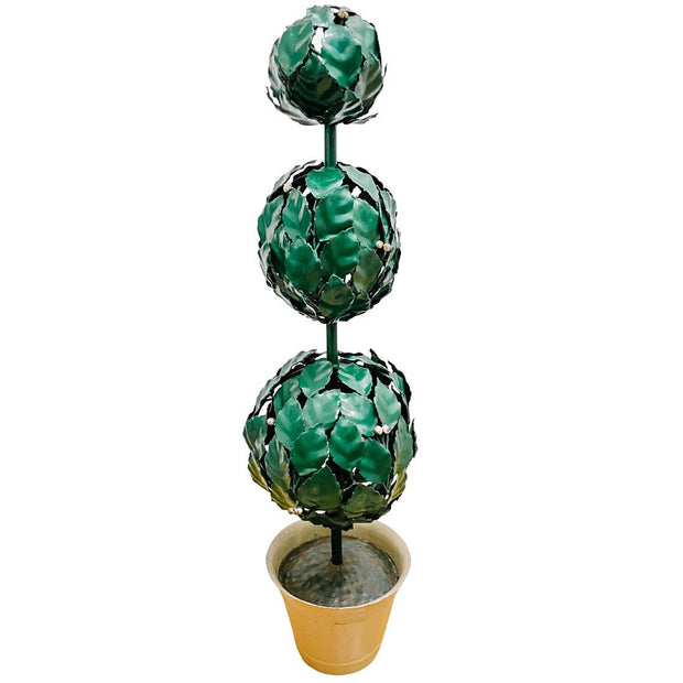 Mid-Century Italian Green Tole Three Ball Potted Topiaries, a Pair