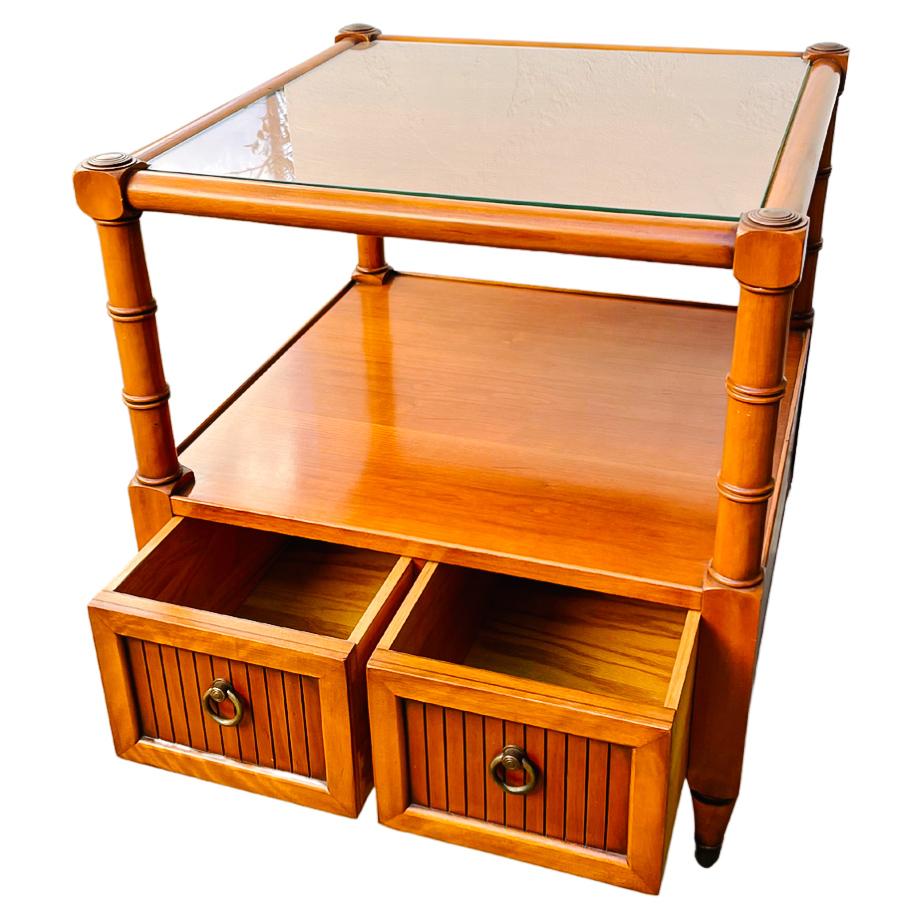 Pair Of Faux Bamboo Side Tables on Casters With Glass Tops