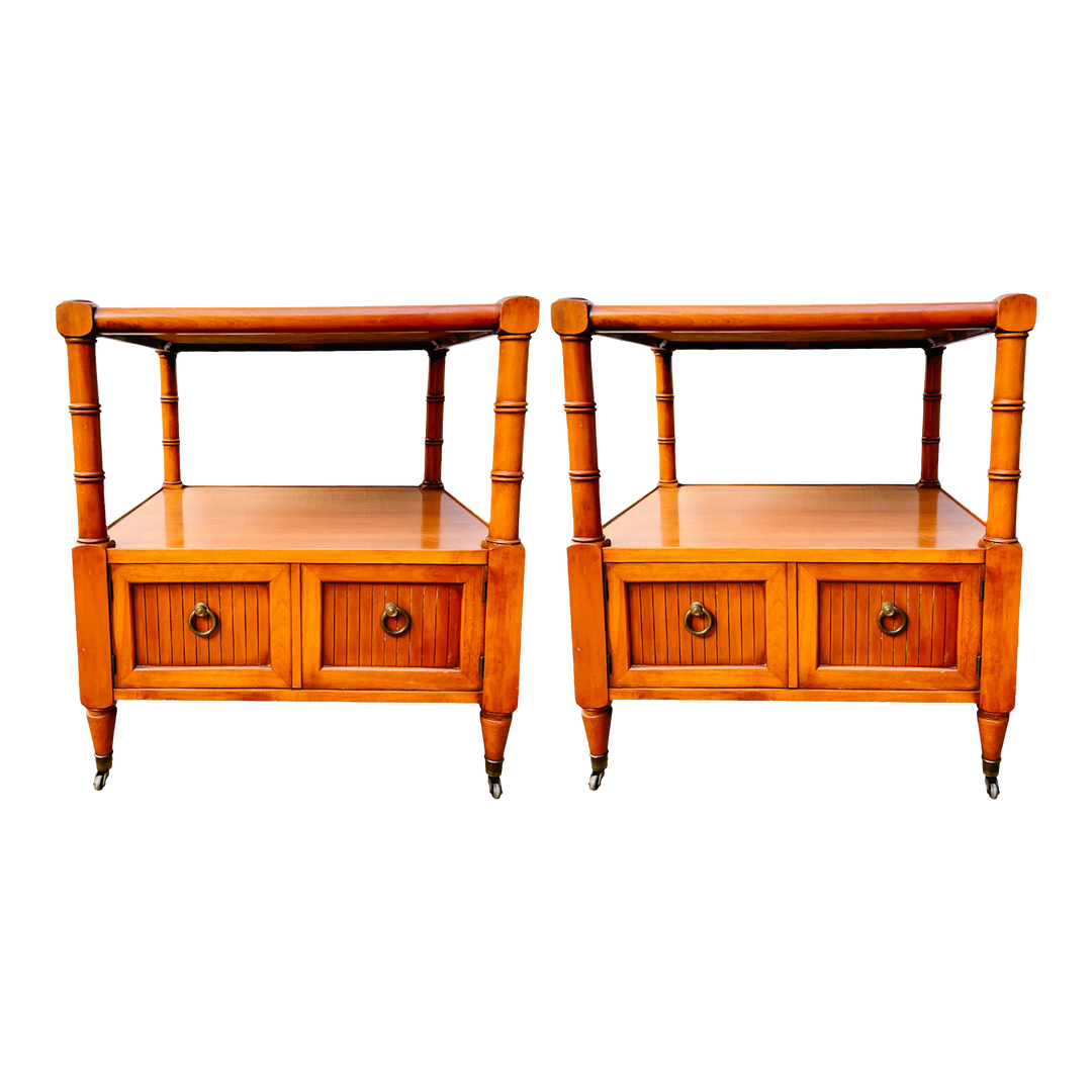 Pair Of Faux Bamboo Side Tables on Casters With Glass Tops