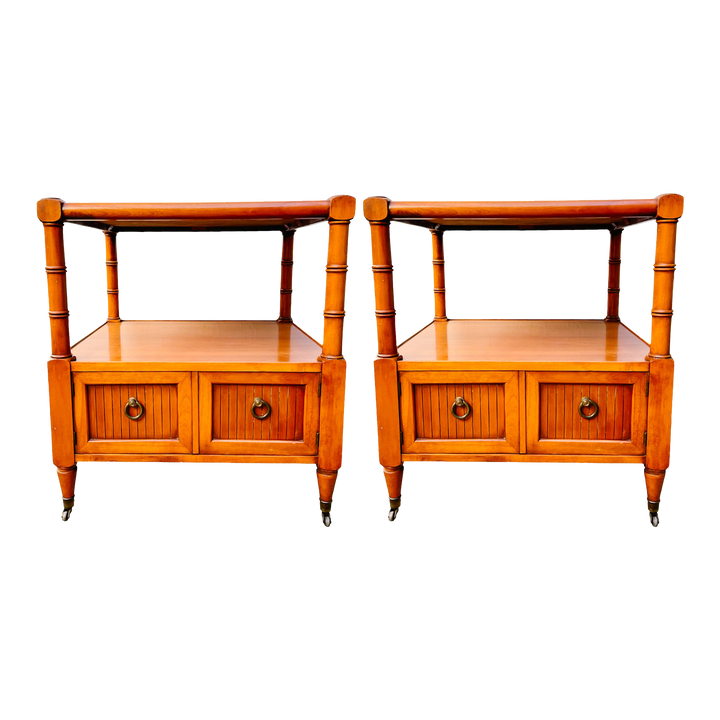 Pair Of Faux Bamboo Side Tables on Casters With Glass Tops