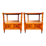 Pair Of Faux Bamboo Side Tables on Casters With Glass Tops