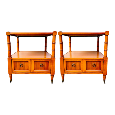 Pair Of Faux Bamboo Side Tables on Casters With Glass Tops