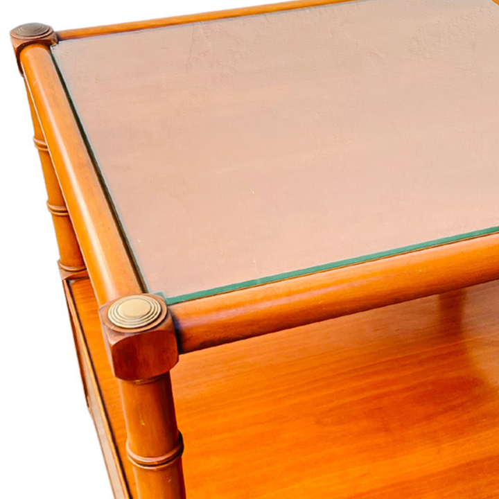 Pair Of Faux Bamboo Side Tables on Casters With Glass Tops