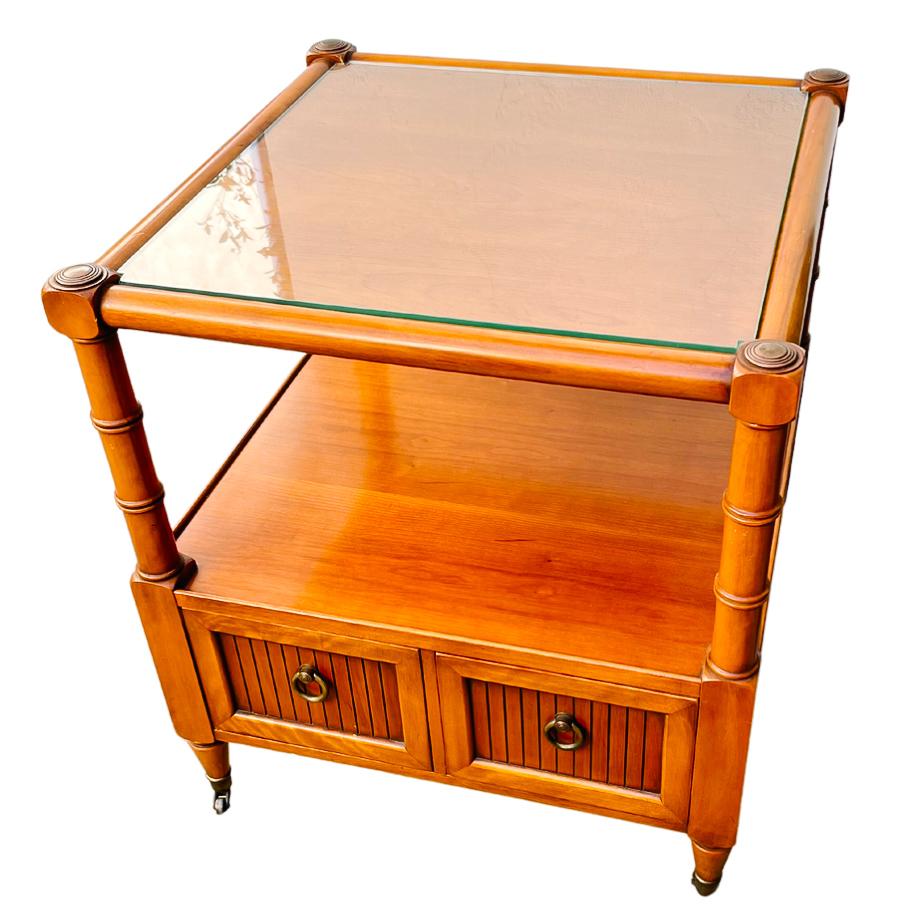 Pair Of Faux Bamboo Side Tables on Casters With Glass Tops