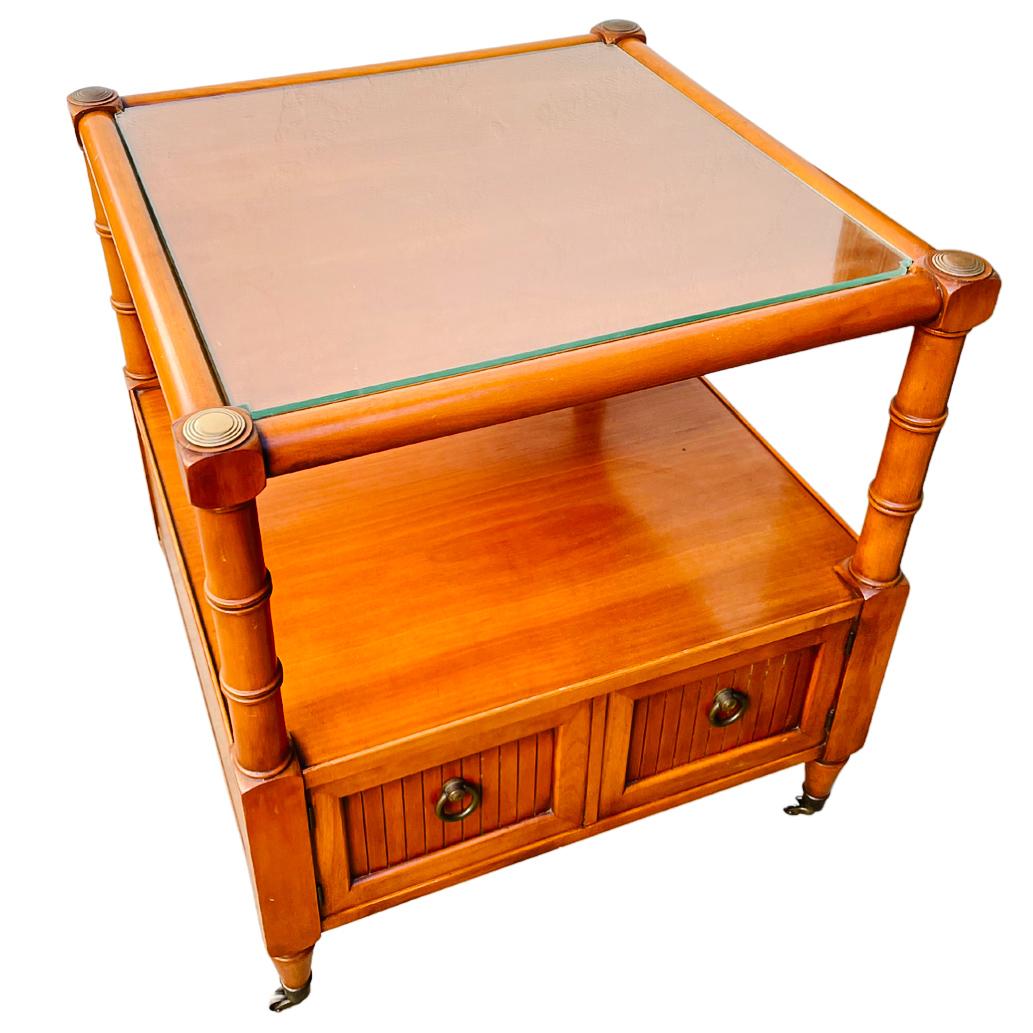 Pair Of Faux Bamboo Side Tables on Casters With Glass Tops