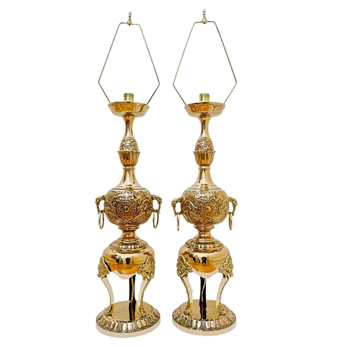 Pair of Mid Century Modern Brass Dragon Head Table Lamps