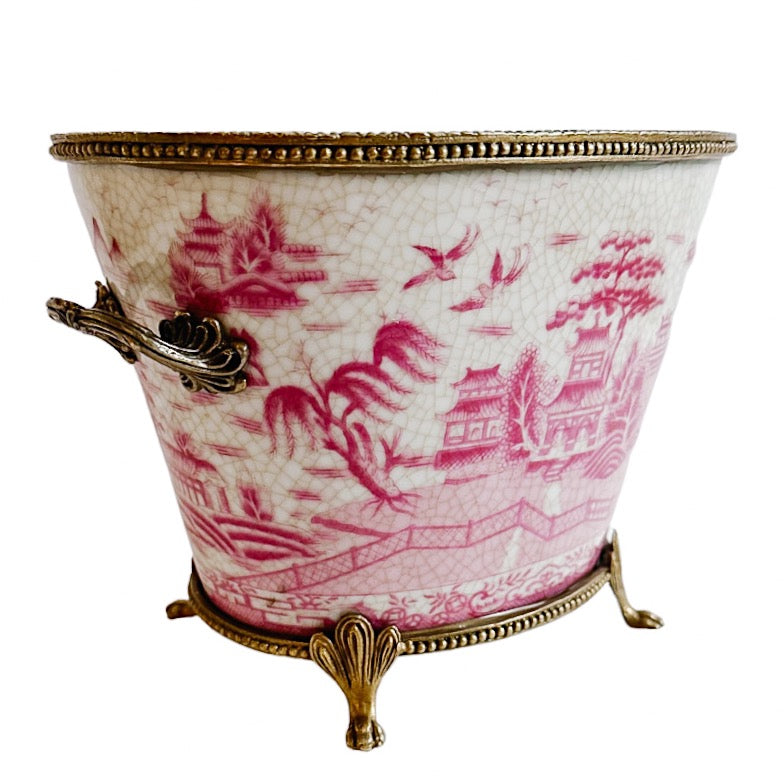 Pink & White Chinoiserie Pagoda Porcelain Planter With Ormolu