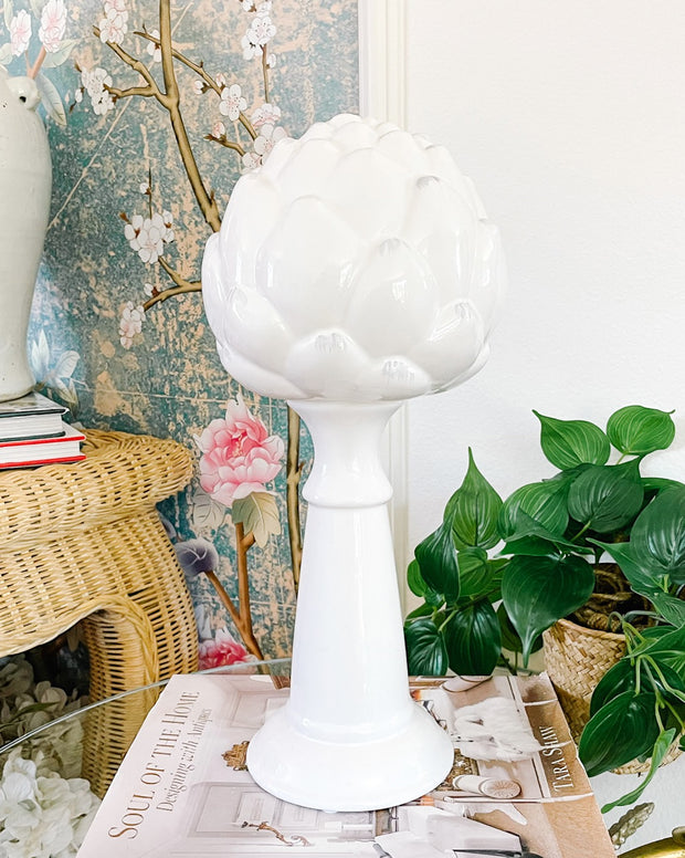 Pair of Tall White Ceramic Artichoke Globes on Stand