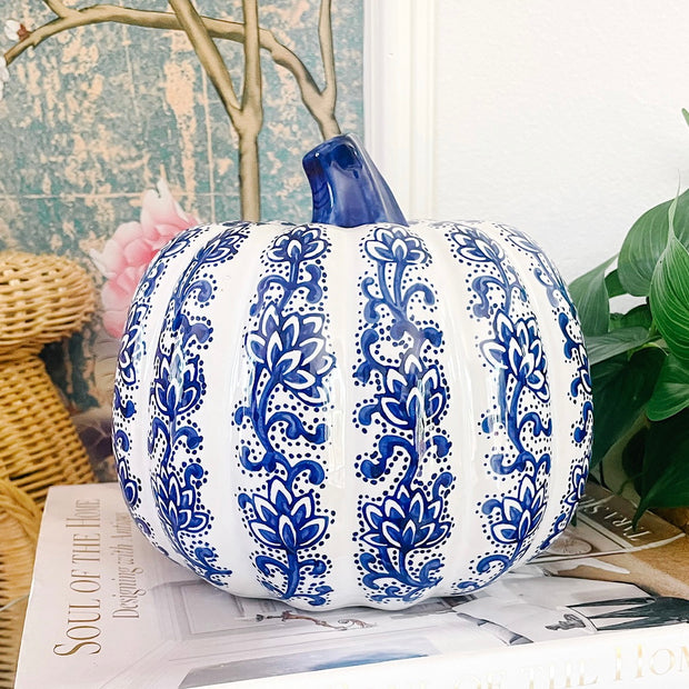 Ceramic Blue & White Decorative PumpkinLarge Chinoiserie Blue & White Decorative Pumpkin