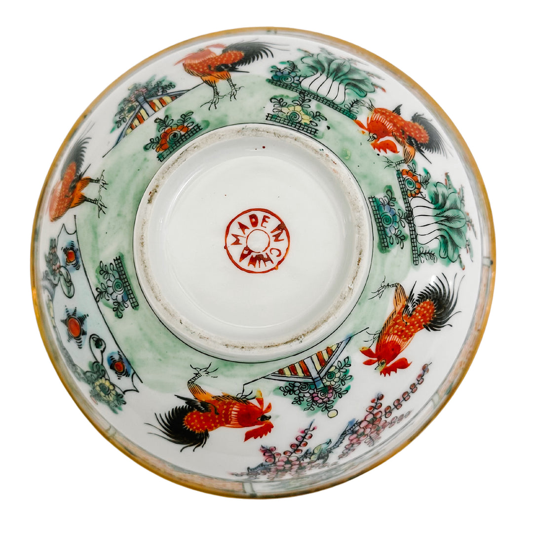 Antique Cantonese Famille Rose Bowl With Rooster Motif