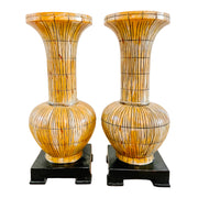 Pair Of Decorative Faux Textured Bamboo Vases on Pedestal
