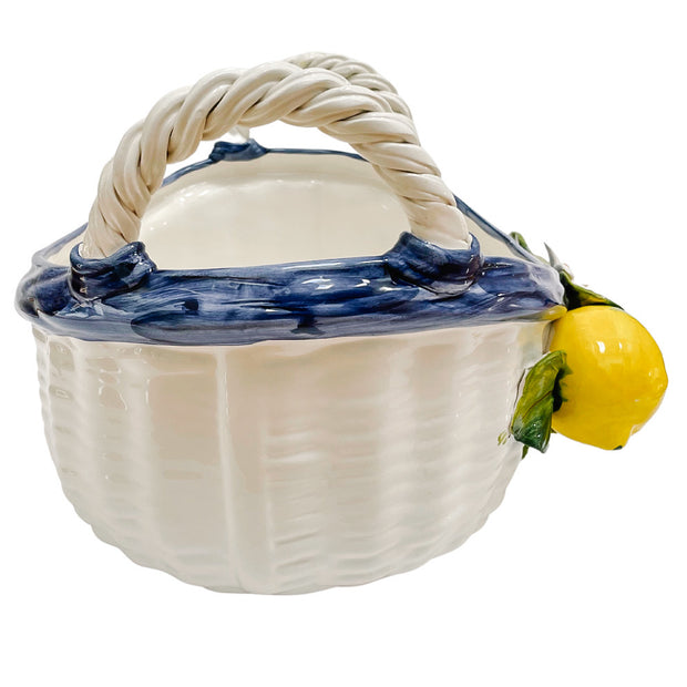 Italian Hand-Painted Ceramic Basket Tray With Lemons