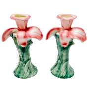 Pair Of Italian Porcelain Pink Iris Candlesticks