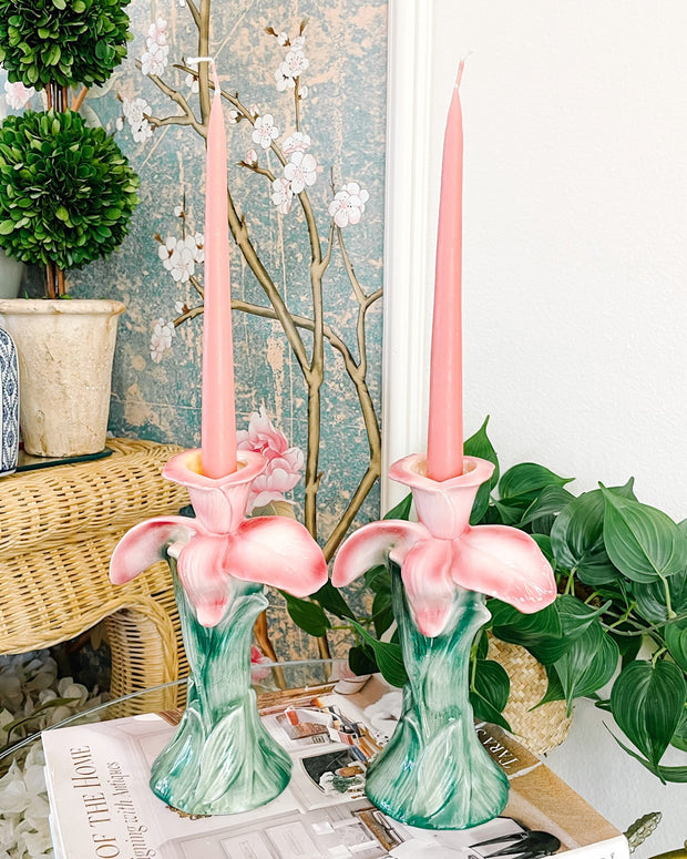 Pair Of Italian Porcelain Pink Iris Candlesticks