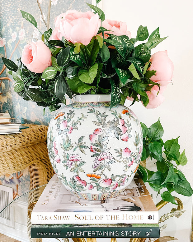 Famille Rose Pink Peach Round Ginger Jar Vase