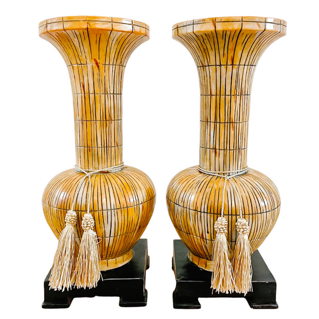 Pair Of Decorative Faux Textured Bamboo Vases on Pedestal