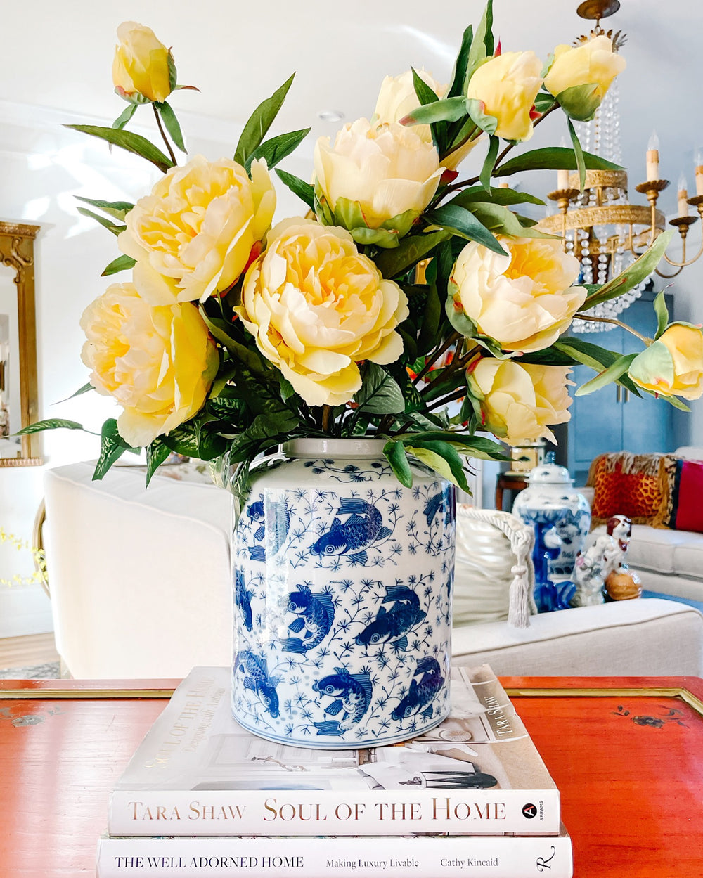 Large Chinese Blue & White Koi Fish Lidded Jar