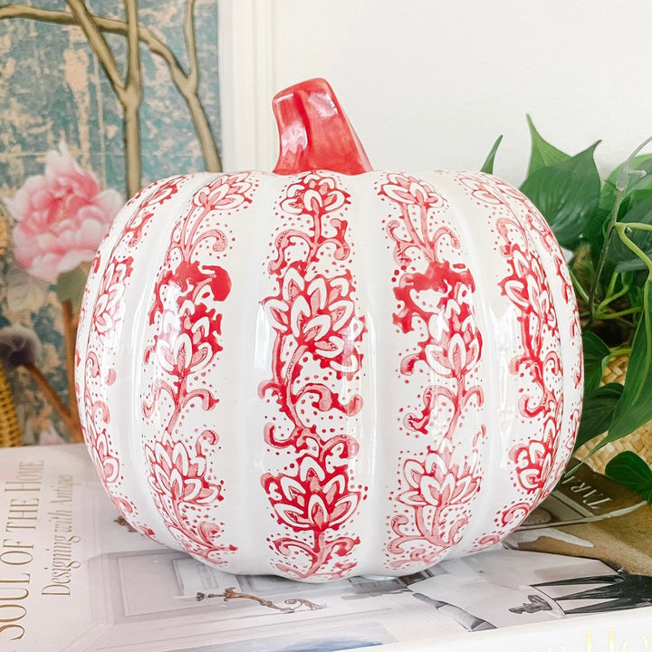 Large Chinoiserie Red & White Decorative Pumpkin