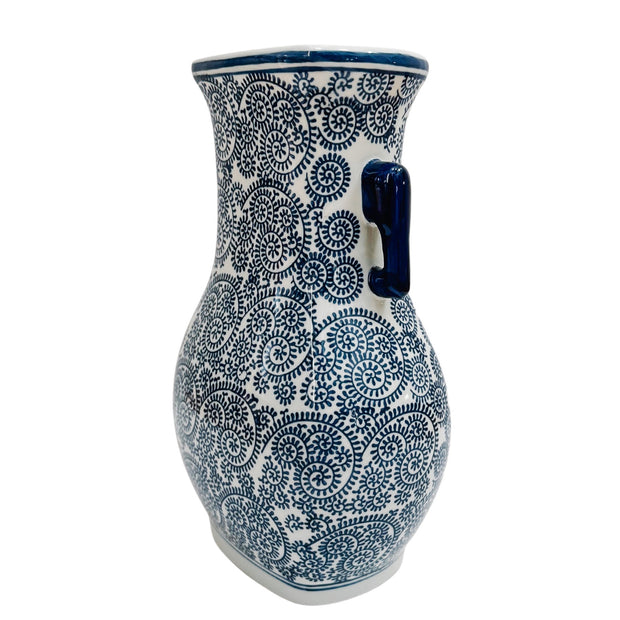 Blue & White Stylized Peonies Chinoiserie Handled Vase