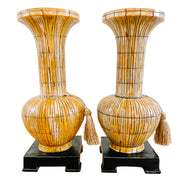 Pair Of Decorative Faux Textured Bamboo Vases on Pedestal