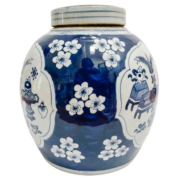 Large Blue & White Plum Blossoms Flat Top Ginger Jar