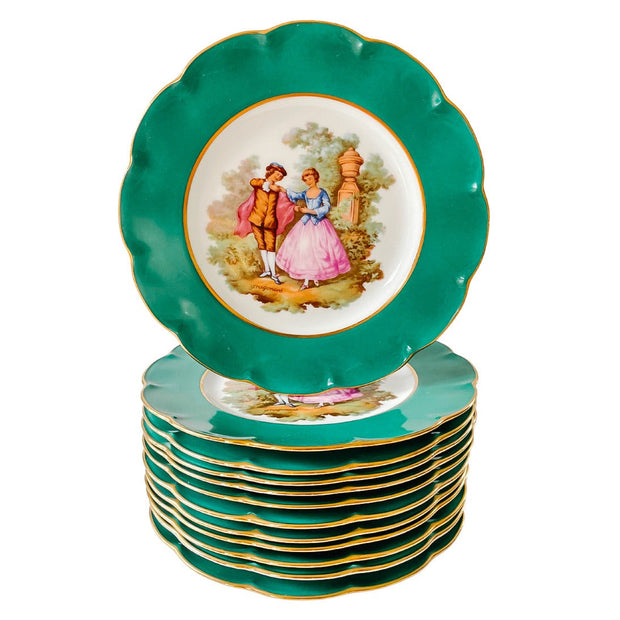 Limoges Porcelain Dinner Plates With Fragonard Lovers Scenes, Set of 12