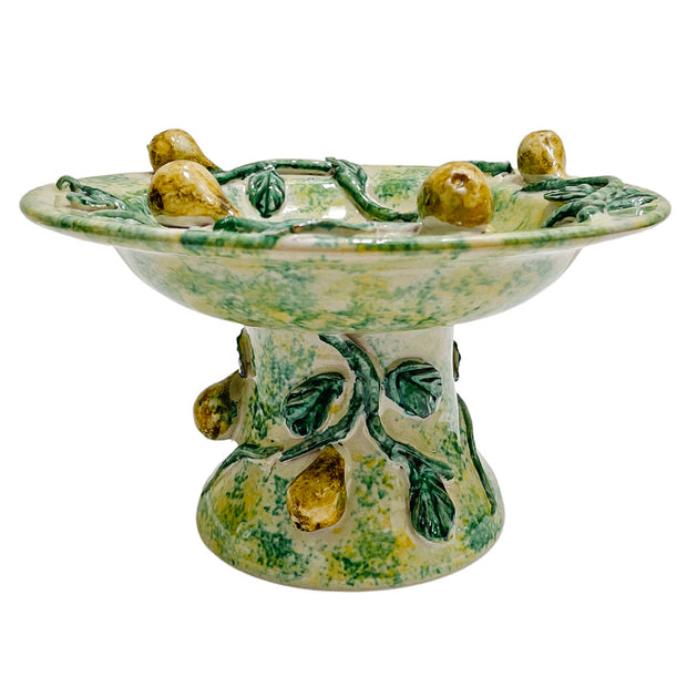 Italian Majolica Terracotta Trompe l’Oeil Pears & Vines Pedestal Bowl